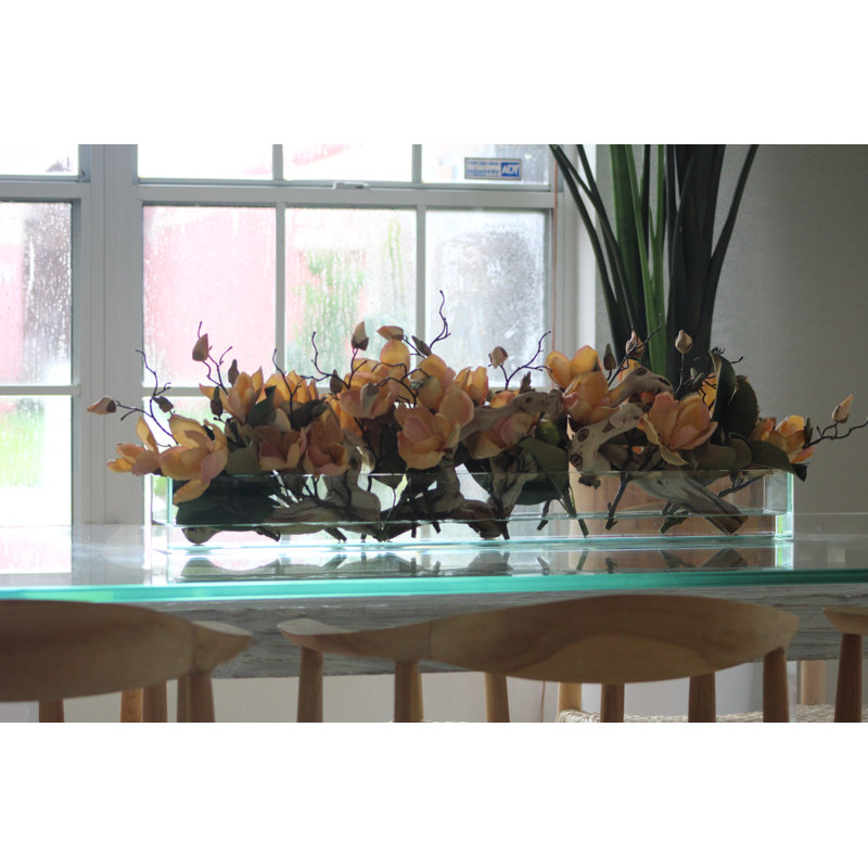 Magnolia Faux Floral Arrangement in Planter, Peach, 10" H x 24" W x 7" D
