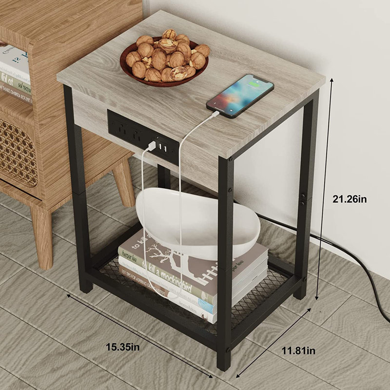 Fika End Table Set and Built-In Outlets, Gray/Black