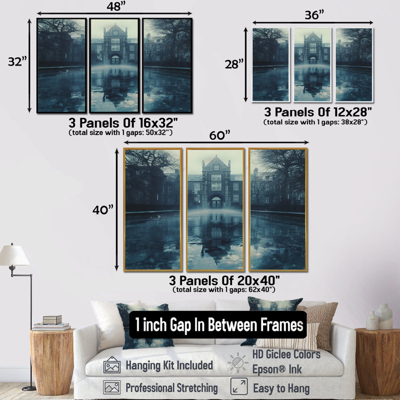 - Ensemble d'art mural de bâtiments collégiaux et universitaires, Toile avec cadre flottant noir, H 32 po x l 48 po x P 1 po