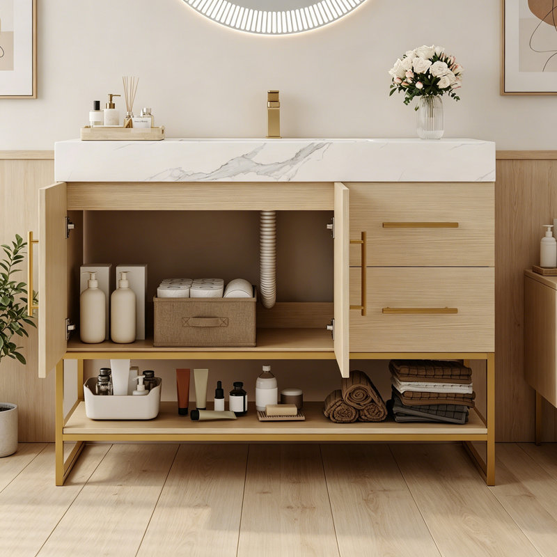 Meuble-lavabo avec lavabo, 2 tiroirs et tablette inférieure, Natural