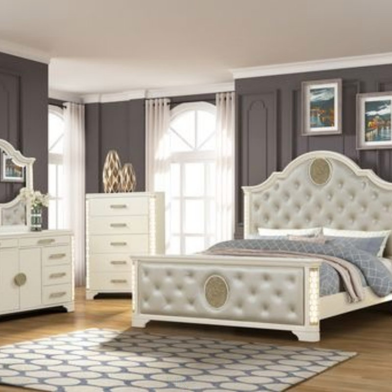Lit capitonné grand format JASMINE et lit à DEL avec boutons en cristal et motifs géométriques, élégance contemporaine