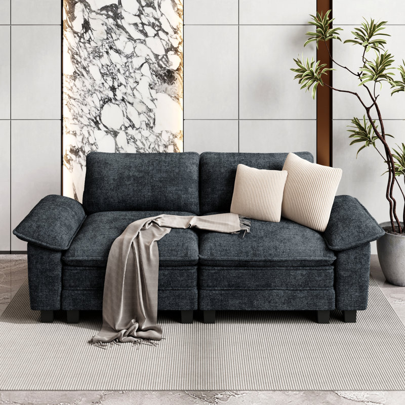 88" Oversized Deep Seat Living Room Sofa, Chenille Couch with Throw Pillows, Navy Chenille, 2, 34.6" H x 87.5" W x 34.6" D
