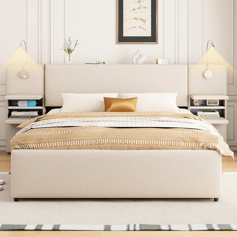 Grand lit tapissier beige avec options de rangement, lampes de lecture et housse pour lit gigogne, rangement pour tête de lit, -