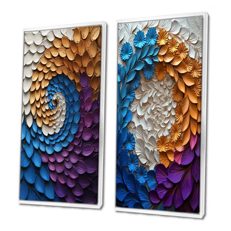 Mauve et bleu, ensemble fractal «Spiral I», art mural abstrait 2 pièces, H 32 po x l 32 po, Cadre flottant blanc