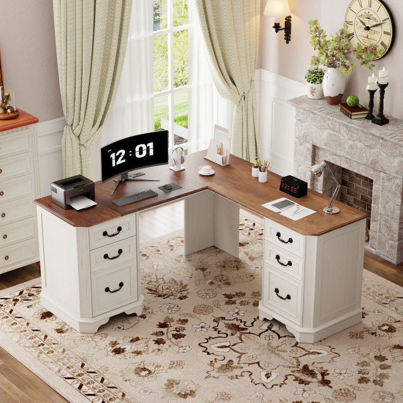 59" L-Shaped Home Office Desk With File Drawer & Built-In Charging Station, Brown/White