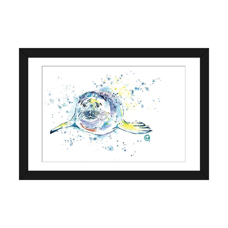«Emil the Seal» par Lisa Whitehouse - impression sur toile tendue, H 24 po x l 32 po x P 1 po, Papier d'art encadré noir