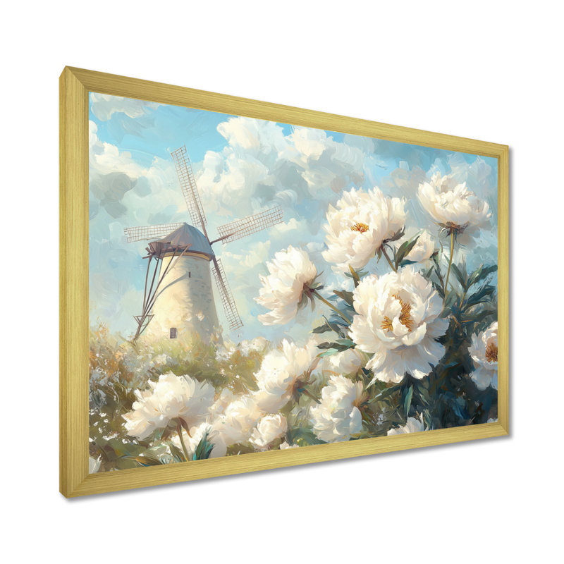 Drobman, pivoines et moulin à vent II - pivoines, art mural, Reproduction encadrée d'une seule photo, H 12 po x l 20 po, Doré
