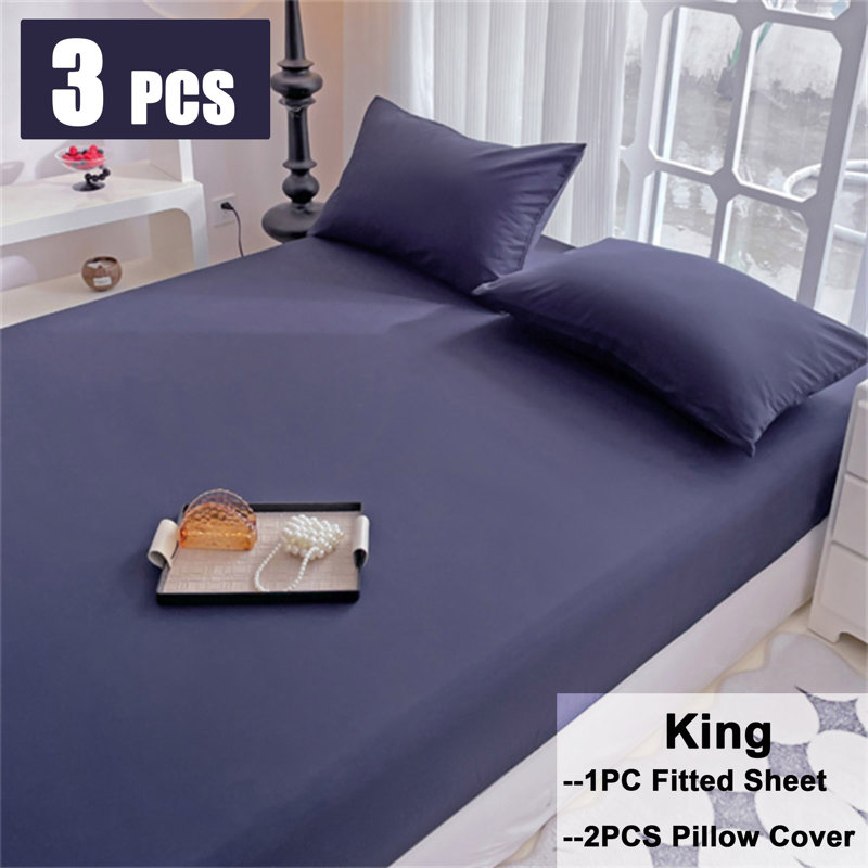 Solid Color Fitted Sheet Set - Navy Blue - King (198x203 cm) (3PCS), King, Navy Blue