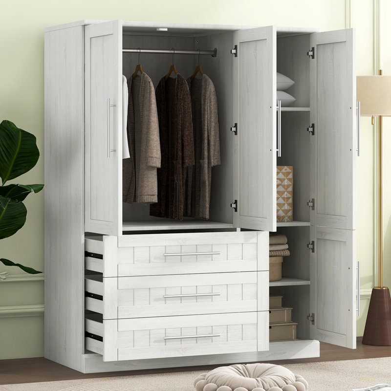 Armoire penderie 4 portes avec 3 tiroirs, Blanc