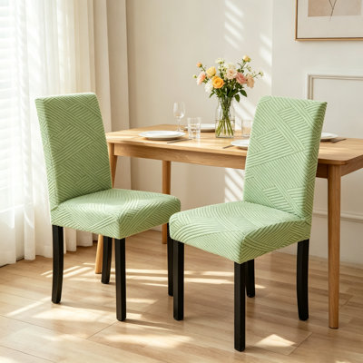 Ensemble de 2 housses de chaise de salle à manger à dossier haut en flanelle élastique, motif de lignes géométriques surélevées, vert, menthe, housse de chaise à ajustement universel, protection de siège amovible pour le restaurant et la maison