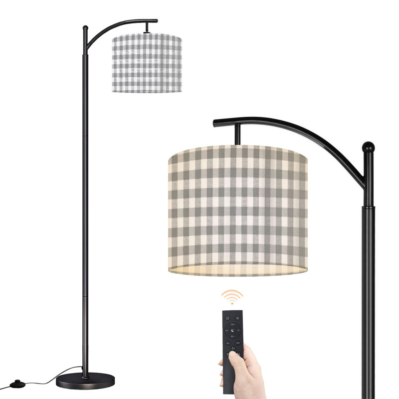 Arc Floor Lamp with Adjustable Lampshade Gray White Gingham Checkered Seamless Standing Lamp 3 Color Temperatures Dimmable Tall Pole Lamp with Foot Switch for Bedroom