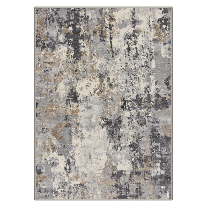 Mignone Aura Abstract Machine Washable Grey / Black / Grey Indoor Area Rug with Non-Slip Backing, Rectangle 5' x 7'