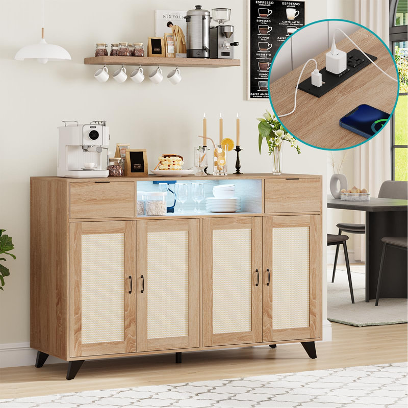 47 INCH Yellow Modern Boho Rattan Sideboard Buffet Cabinet 4 Doors 2 Drawers Built-in Power Outlets Adjustable Shelves for Dining Room