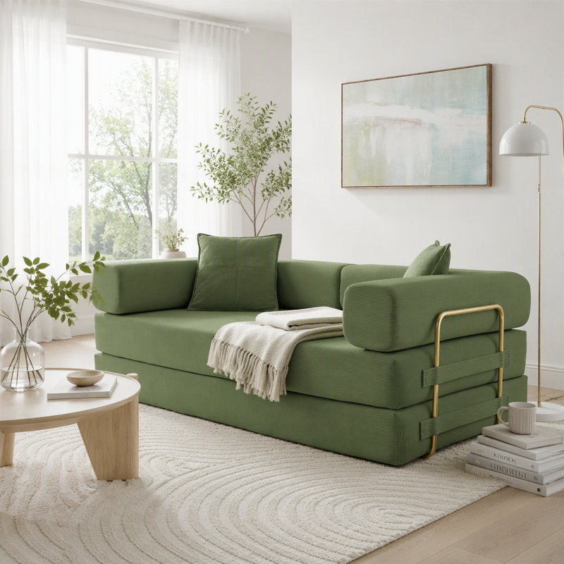 Canapé-lit modulaire en velours côtelé avec accoudoirs mobiles et sans assemblage, Velours côtelé vert, Vert