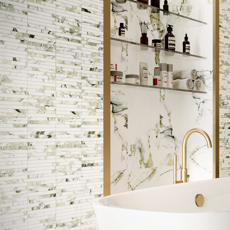 Touche Brick Stacked 11-3/4 In. X 11-3/4 In. Porcelain Mosaic Tile, Green/White