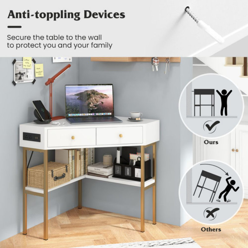 Triangle Corner Desk With Charging Station With 2 Drawers And Storage Shelf