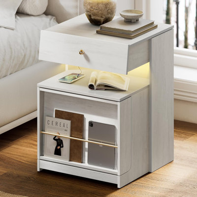 Night Stand With Charging Station, Modern Led Nightstand With Sliding Drawer & Storage Cabinet, Wood Bedside Table End Side Table For Bedroom Small Space,white