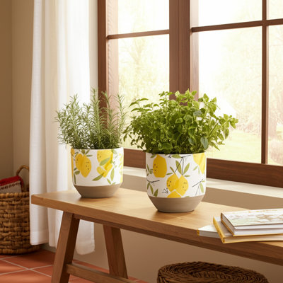 Culliton Cement Pottery Lemon Print Planters - 7" & 6" - Yellow, White & Gray - Indoor/Outdoor Garden Decor - Set of 2