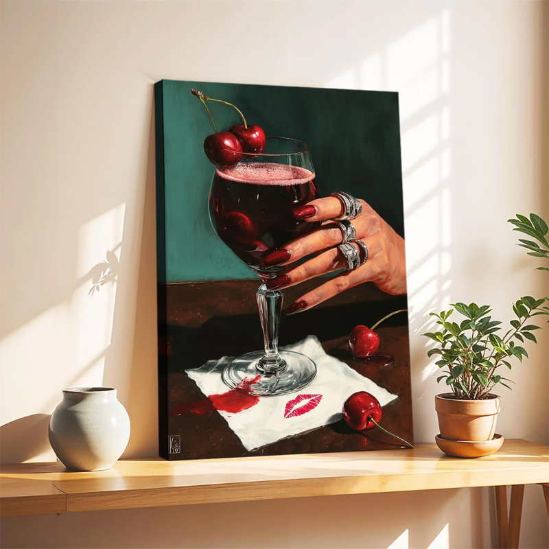 Nature morte mélancolique avec verre de vin, cerise et manucure rouge, impression sur toile tendue grand format, idéale pour le salon ou la chambre.