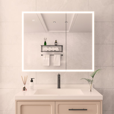 Armoire à pharmacie de salle de bain avec lumières, armoire à pharmacie DEL 36 po x 30 po avec miroir, armoire à pharmacie à double porte avec désembueur, gradateur, horloge et affichage de la température, 2 prises et ports USB