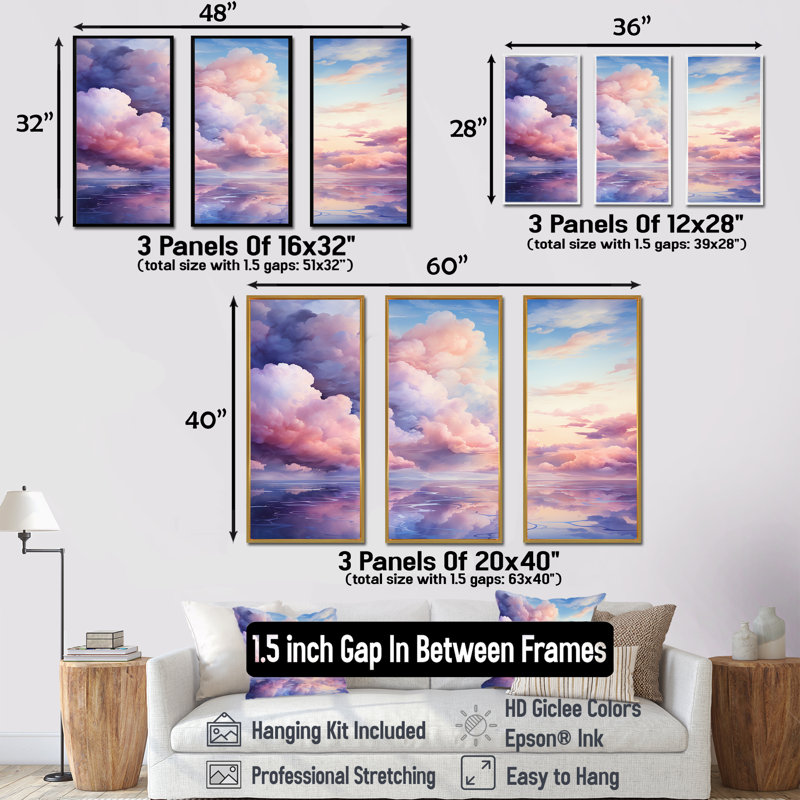 Mauve et rose couleur pastel - art mural ciel, Cadre flottant blanc, H 32 po x l 48 po x P 1 po