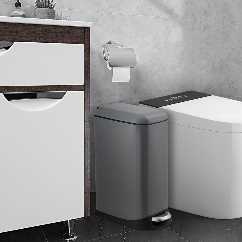 Poubelle de salle de bain avec couvercle, pédale de poubelle de cuisine en acier inoxydable 3,2 gallons, Gris