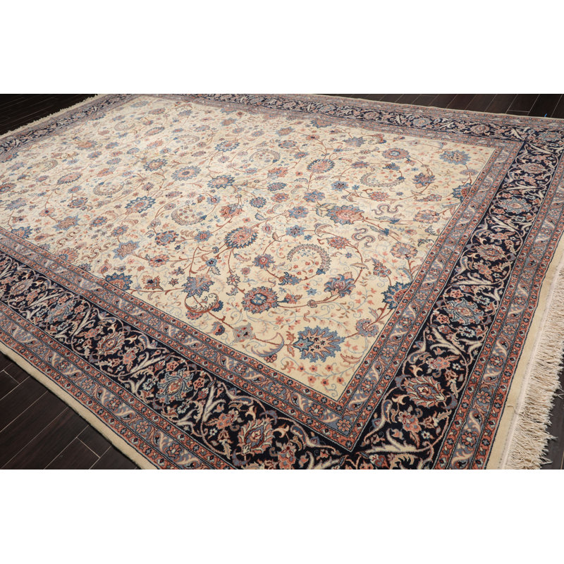 Tapis crème / brun en laine noué à la main de conception unique 10 pi 9 po x 15 pi 7 po