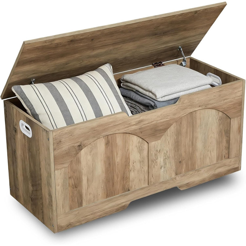 39.3” Retro Wooden Storage Bench – U-Shaped Cut-Out Pull, Safety Hinge, 300 lb Capacity, Easy Assembly Toy Box Organizer for Entryway & Living Room