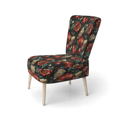 Deep Red And Beige Floral Blooms - Upholstered Farmhouse Side Chair, Red Accent Chair