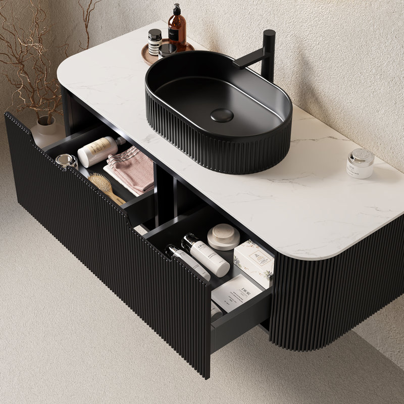 Meuble-lavabo de salle de bain 48 po avec lavabo, meuble-lavabo mural moderne à bords arrondis avec 2 tiroirs, vasque en céramique noire sans robinet, pré-assemblé, couleur noire