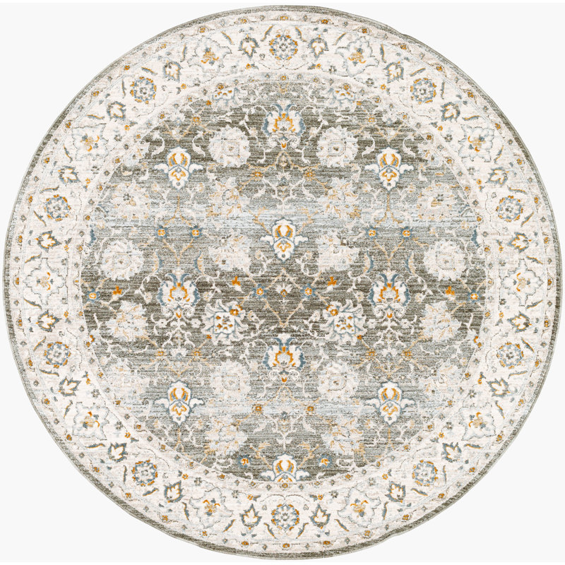Tapis oriental tissé à la machine Delyse en polyester olive / doré / beige / gris, Rond 7 pi 10 po
