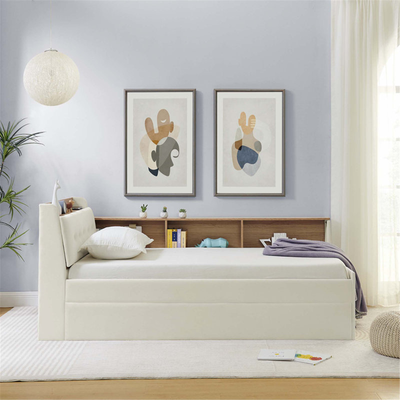 Twin Size Velvet Daybed with Adjustable Height, Storage Headboard, Trundle, LED Lights and Wireless Charging., Beige