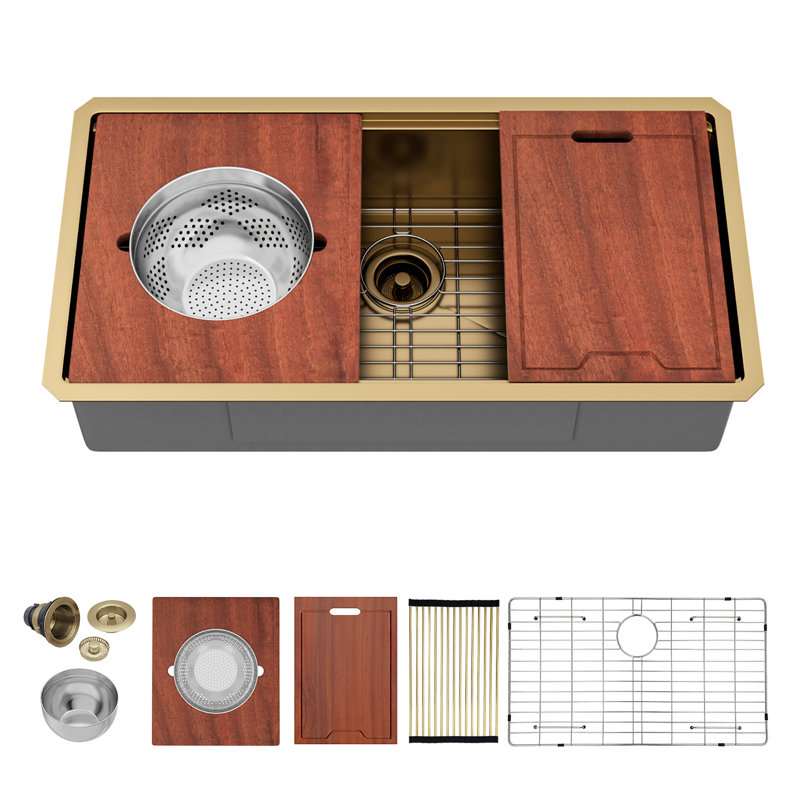 Évier de cuisine encastrable 36 po, cuve simple en acier inoxydable T304 de calibre 16 avec bol à mélanger et accessoires 36 po