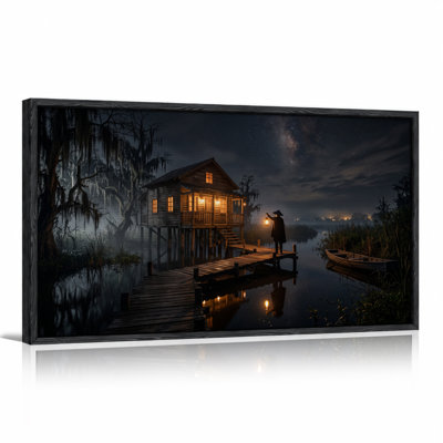 Art mural sur toile en bois avec échasses et lanterne au-dessus de l'eau