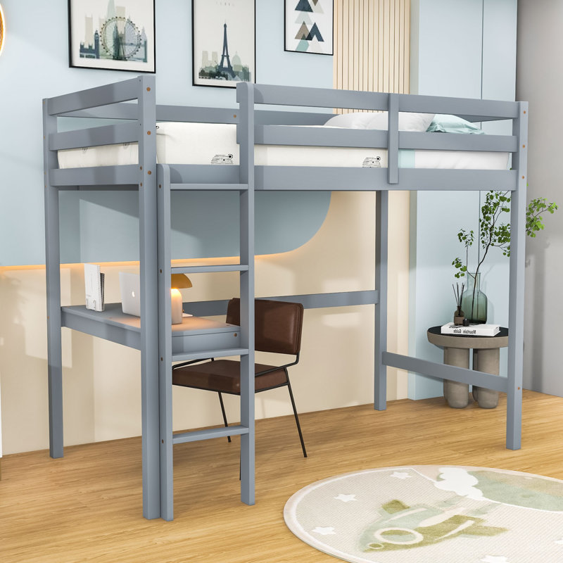 Twin Wooden Loft Bed With Built-In Desk And Safety Guardrail, Gray