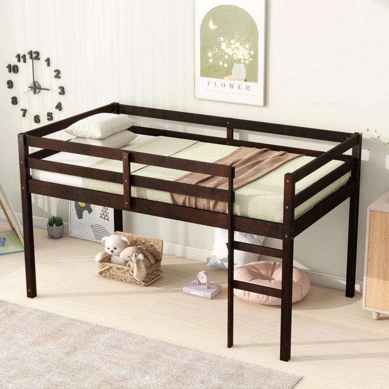 Lit mezzanine simple en bois massif et en bois d'hévéa avec échelle, plateforme de lattes renforcées, Espresso