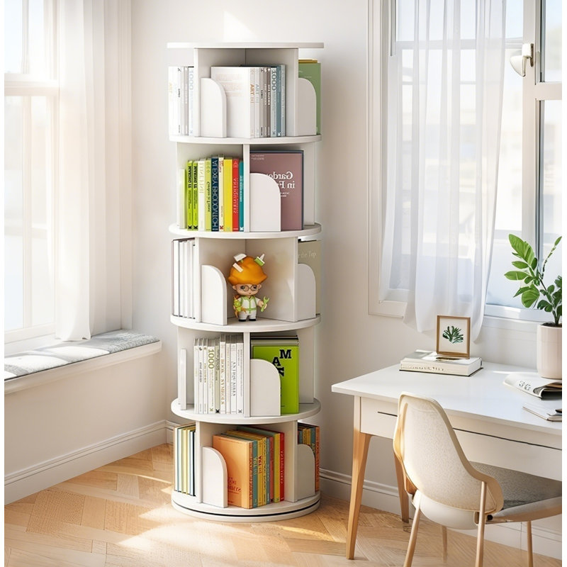 Bibliothèque rotative à 5 niveaux, bibliothèque rotative à 360 °, peu encombrante, petite bibliothèque rotative pour chambre à coucher, salon, maison, bureau, blanc chaud