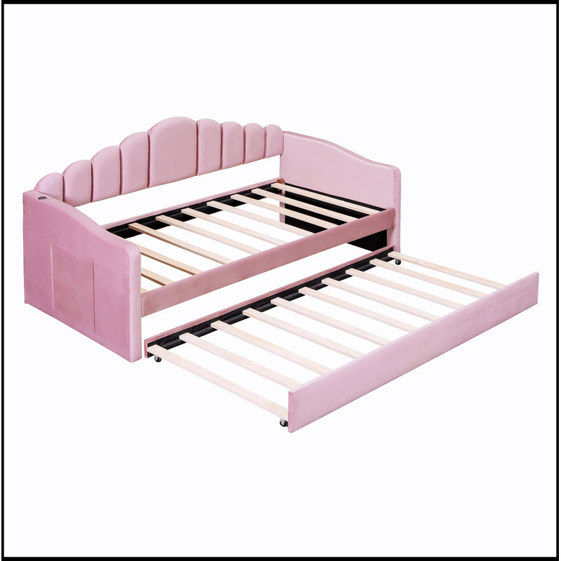 Twin Size Velvet Upholstered Daybed With Trundle And USB Charging Ports, Pink