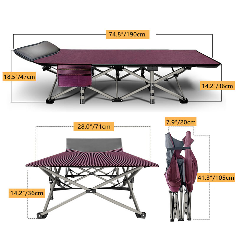 2PCS Camping Cot with Cotton Pad, Wine Red
