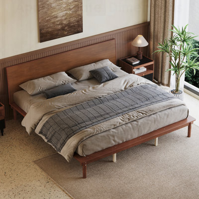 Mid-Century Modern Platform Bed Frame, Low-platform Base with Angled Headboard, Heavy Duty Slat Support, No Box Spring Needed, Easy Assembly