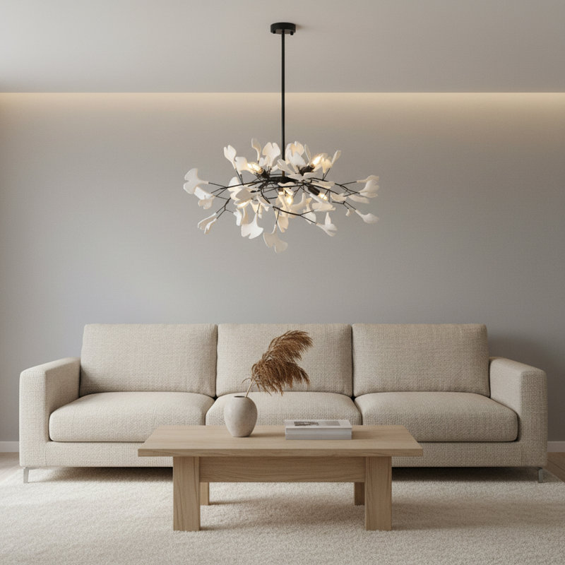 Lustre 8 lumières de luxe Ginkgo, laiton, Noir mat