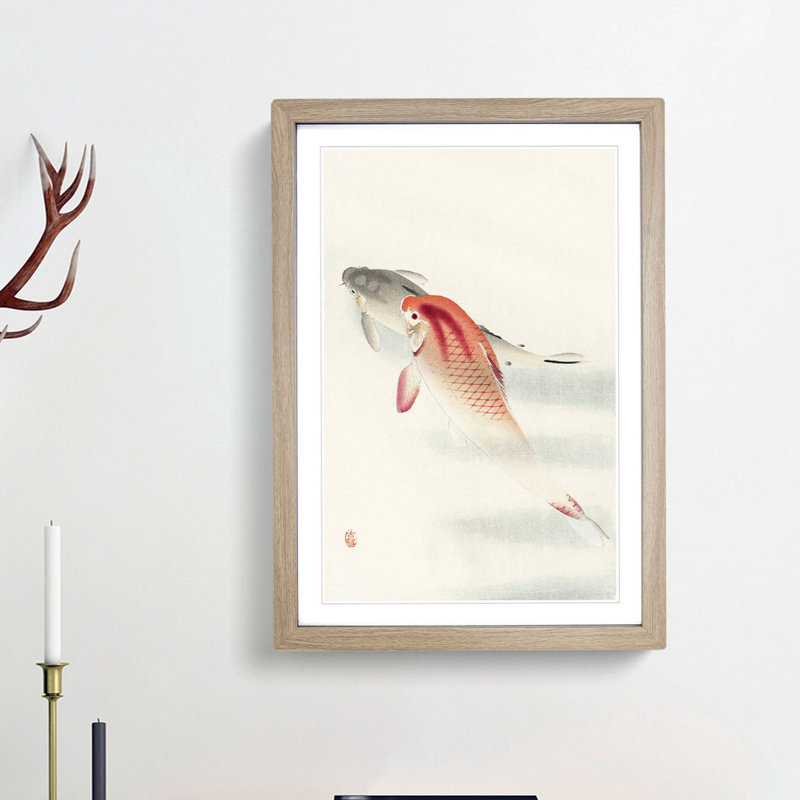 Two Carp by Ohara Koson - Framed Print, 65cm H x 48cm W x 2cm D, Oak Framed