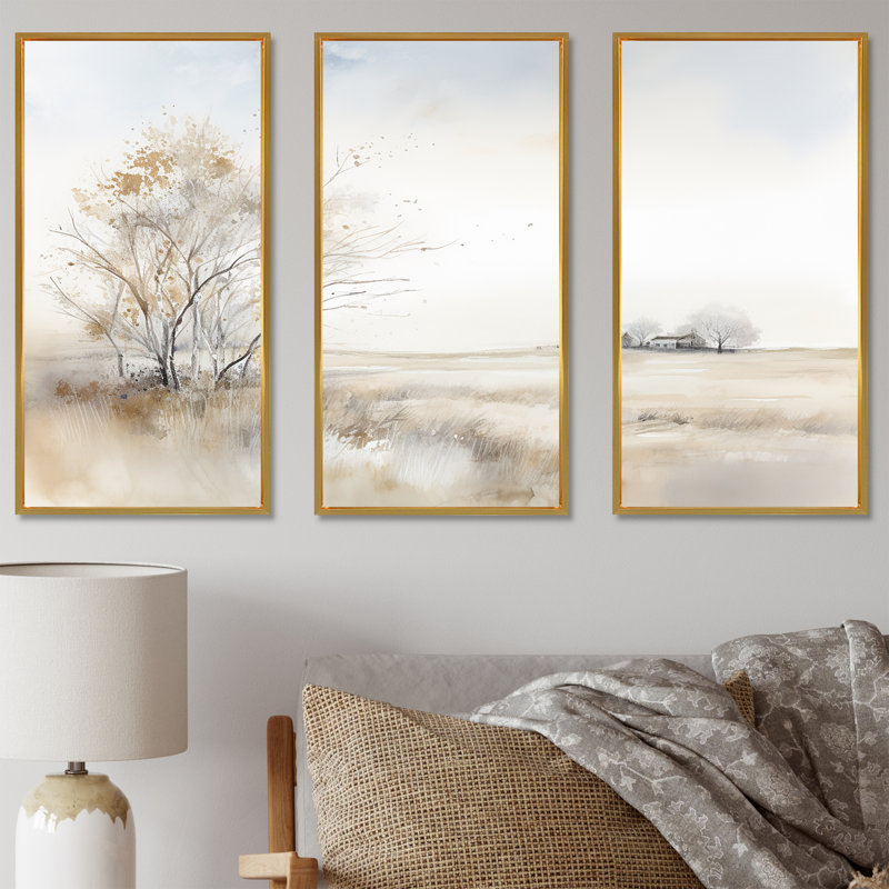 «Countryside Minimal Scenery II», ensemble d'art sur toile, Cadre flottant doré, H 32 po x l 48 po x P 1 po