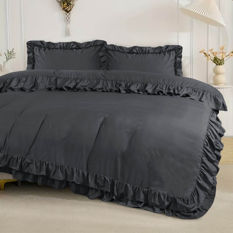 DUVET FRILL Microfiber Solid Colour Duvet Cover with Pillowcases, Black, Single Duvet Cover + 1 Standard Pillowcase