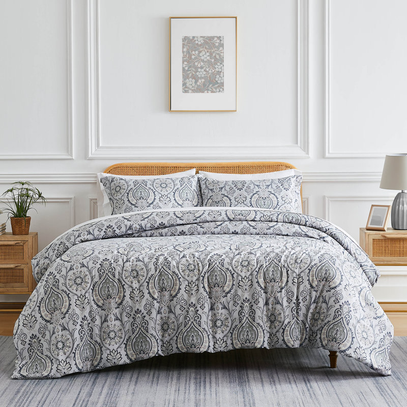 Ensemble d'édredon surdimensionné Boho Paisley par Southshore Fine Linens, Édredon double/grand et 2 taies décoratives, Gris