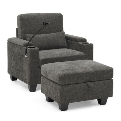 37" x 32" x 34" Upholstered Reclining Armchair with Storage Ottoman, USB Charging & Cup Holders, Gray