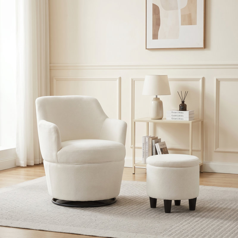 360° Modern Swivel Barrel Chair with Storage Ottoman, Beige