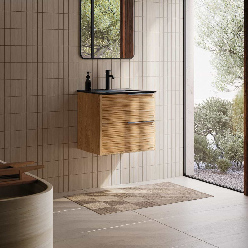 Kora 32" Bamboo Faux Finish Wall-Mounted Single Bathroom Vanity with Integrated Ceramic Top & Handles, Black, 24"