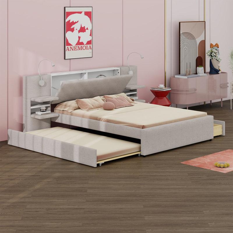Lit plateforme tapissier avec lampes de lecture, tiroirs, lit gigogne et tablettes