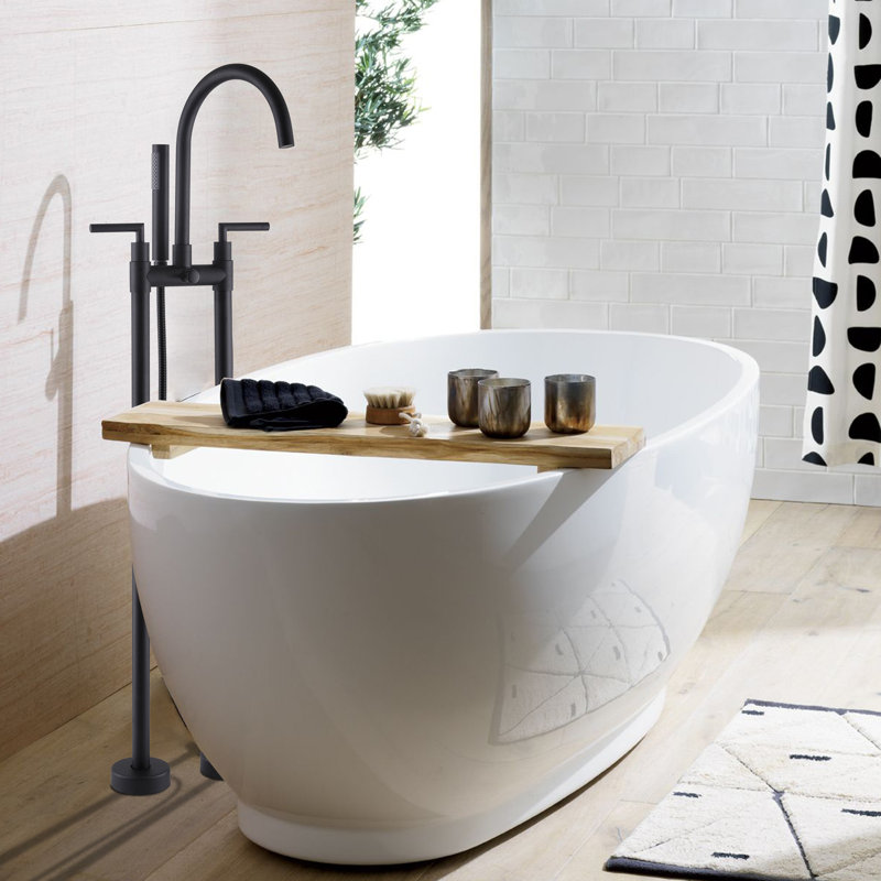 46"H Solid Brass 2 Handle Floor Mounted Tub Faucet With Diverter And Handleshower, Matte Black